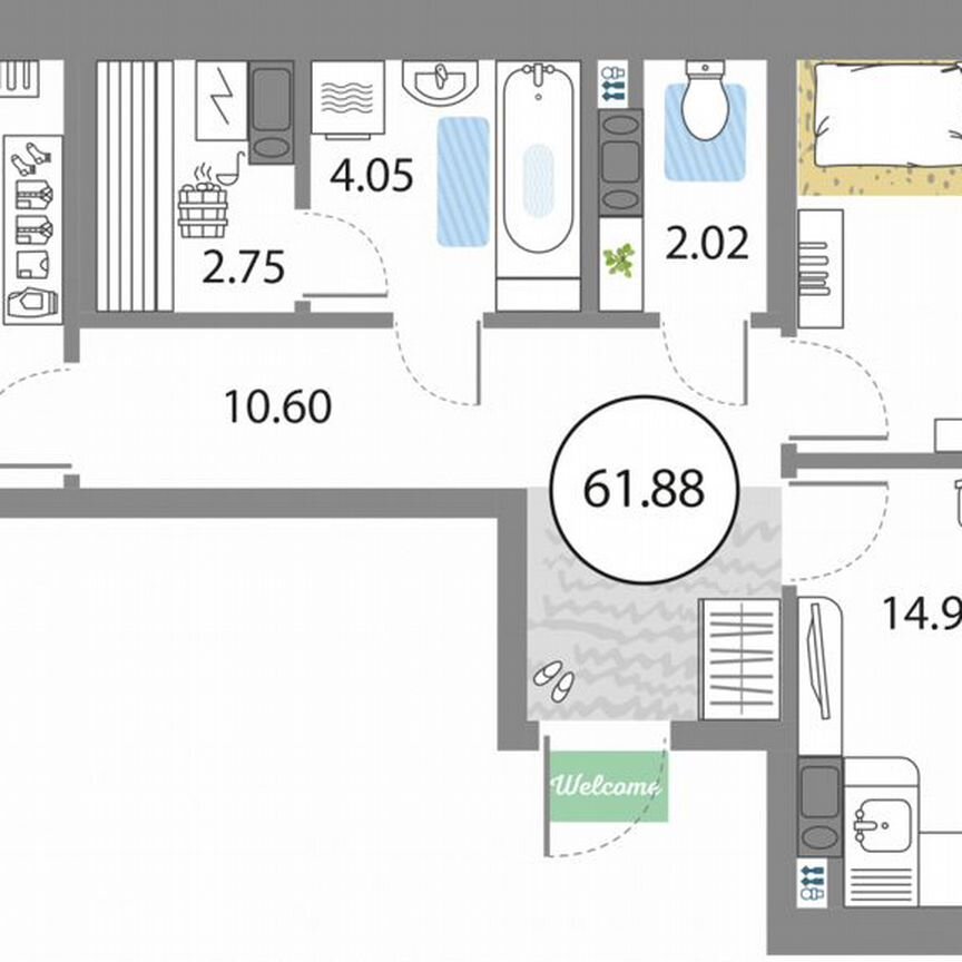 2-к. квартира, 61,9 м², 5/12 эт.