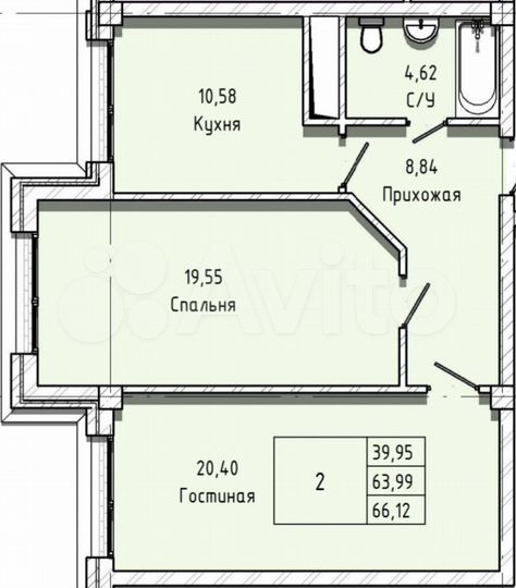 2-к. квартира, 66,1 м², 2/14 эт.