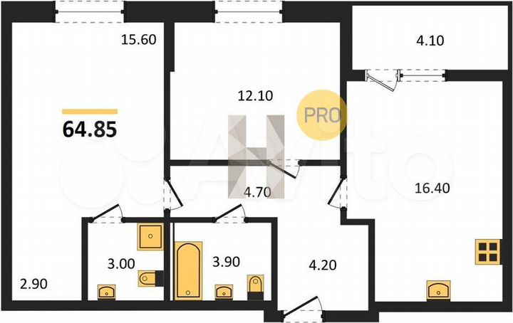 2-к. квартира, 64,8 м², 9/12 эт.