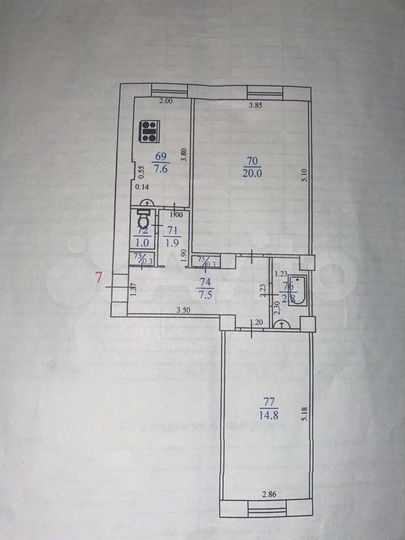 Комната 20 м² в 2-к., 1/2 эт.
