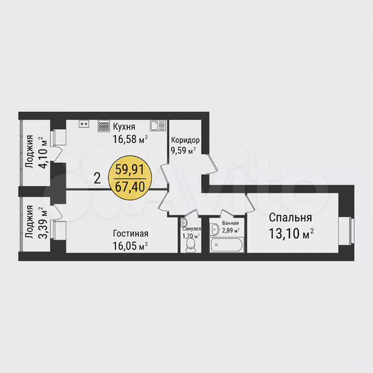 2-к. квартира, 67,4 м², 9/9 эт.