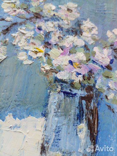 Картина маслом Букет Цветение в небесно-голубом