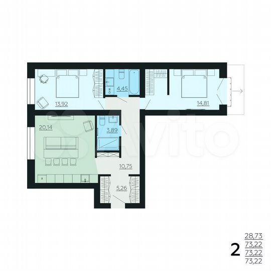 2-к. квартира, 73,2 м², 4/6 эт.