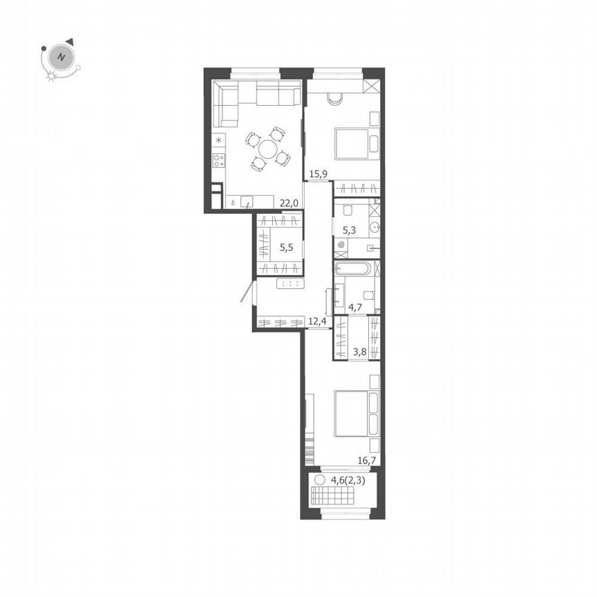 2-к. квартира, 88,6 м², 5/9 эт.