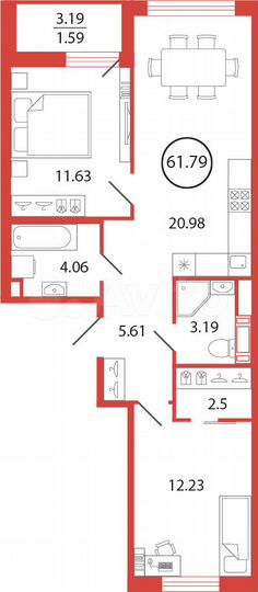 2-к. квартира, 61,8 м², 4/12 эт.