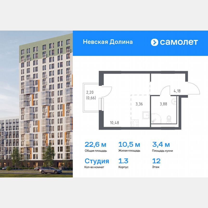 Квартира-студия, 22,6 м², 12/15 эт.
