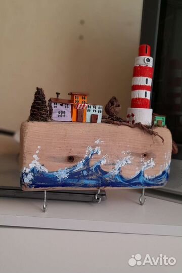 Ключница дрифтвуд море,маяк. Вешалка для полотенец