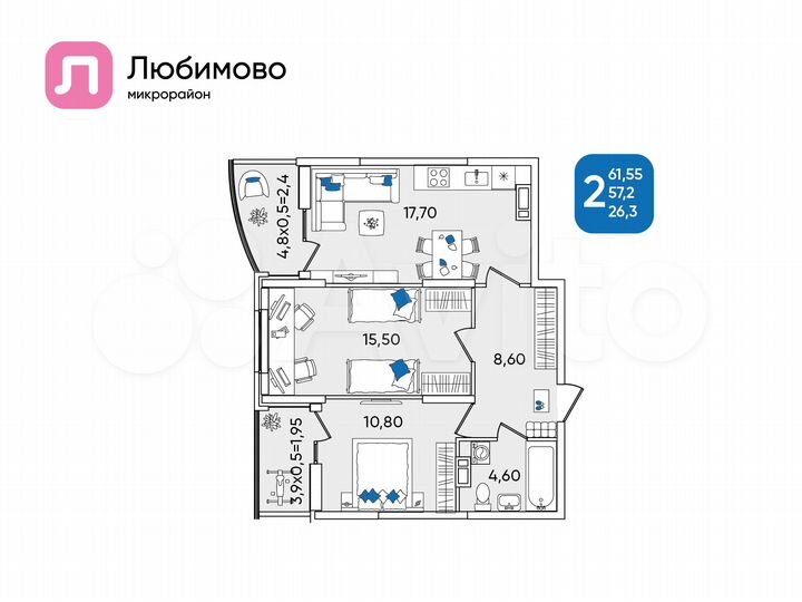 2-к. квартира, 61,6 м², 8/24 эт.