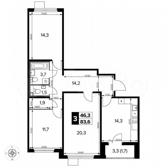 3-к. квартира, 83,9 м², 2/15 эт.