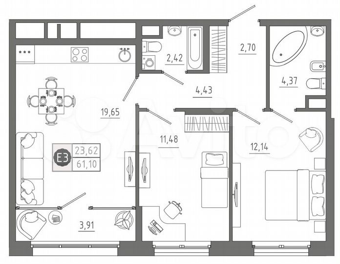 3-к. квартира, 61,1 м², 3/10 эт.