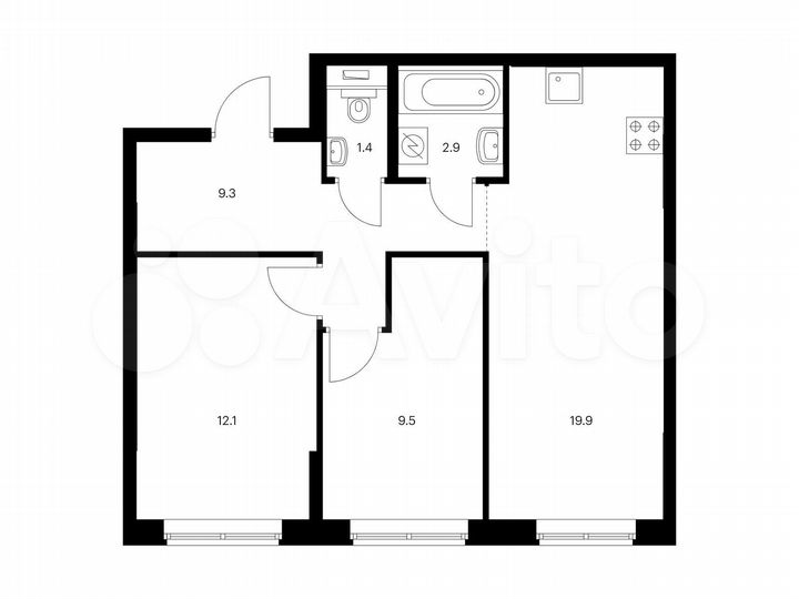 2-к. квартира, 55,1 м², 1/9 эт.