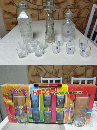 Набор рюмок и кружек, графин (штоф) с рюмками