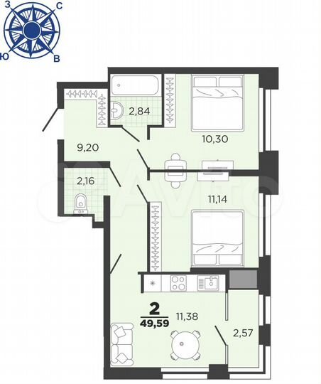 2-к. квартира, 49,6 м², 13/26 эт.