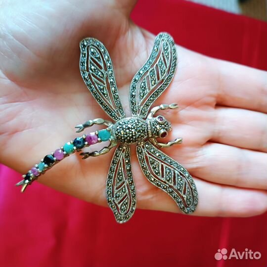 Брошь Стрекоза серебро, натуральные камни