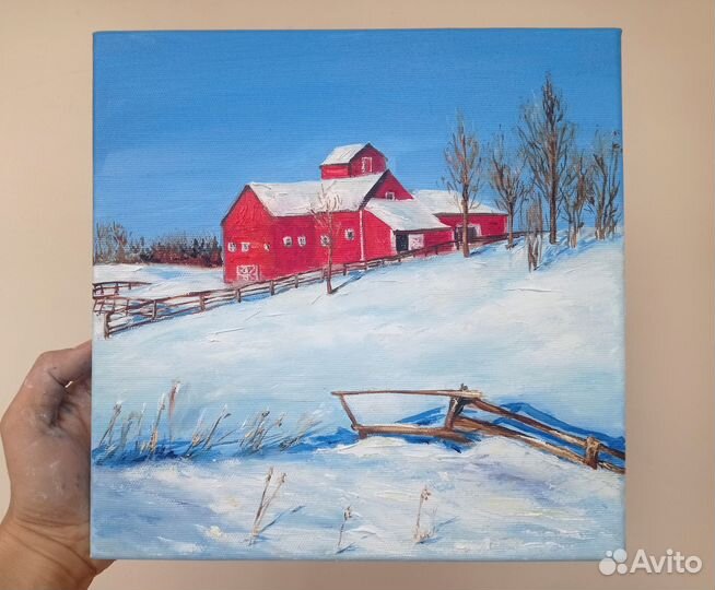 Картина маслом Зима, зимний пейзаж с домиком 25/25