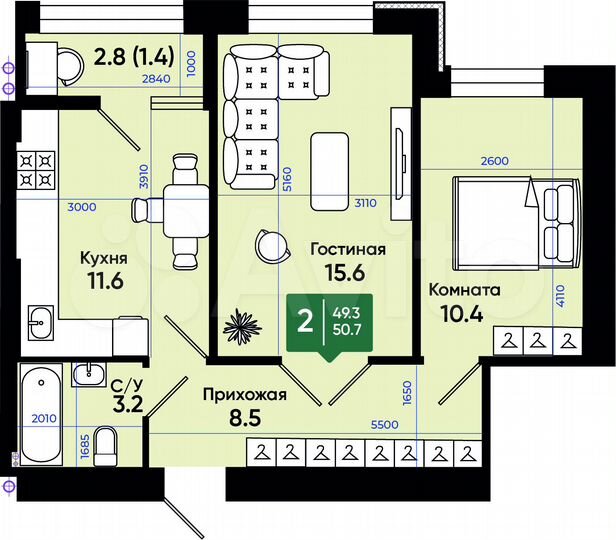2-к. квартира, 51,7 м², 3/3 эт.