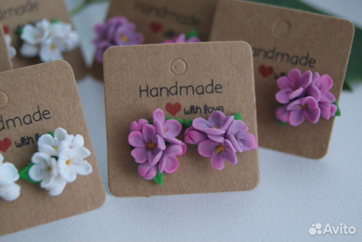 Серьги пуссеты сирень. Полимерная глина