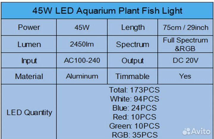 Светодиодный светильник 45 Вт для аквариума