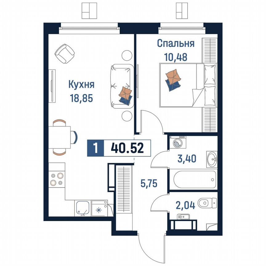 1-к. квартира, 40,5 м², 6/18 эт.