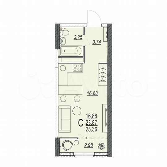 Квартира-студия, 25,4 м², 6/17 эт.