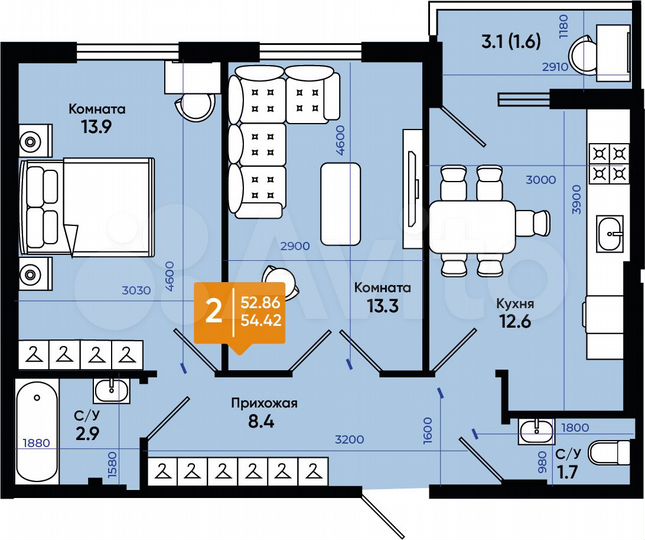 2-к. квартира, 54,3 м², 9/9 эт.