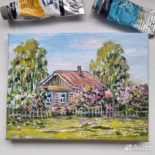 Пейзаж деревенский с домиком сирень картина масло