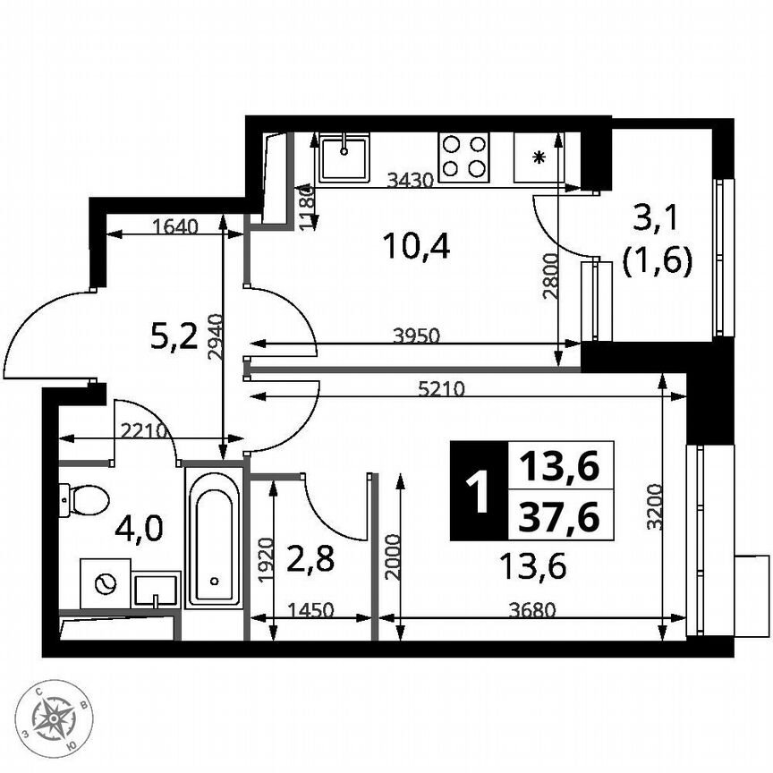 1-к. квартира, 37,6 м², 12/21 эт.