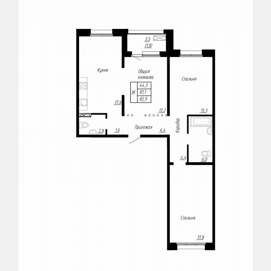 3-к. квартира, 82,9 м², 1/17 эт.