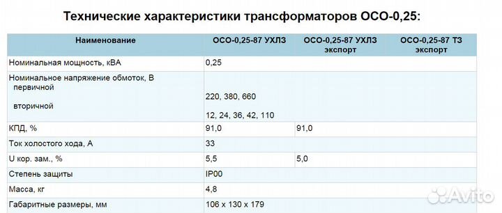 Трансформатор осо-0.25квт- у3