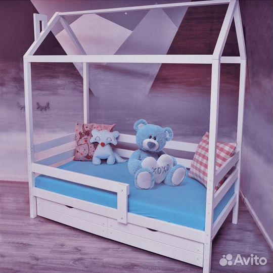 Кроватка высокий борт детская из массива домик