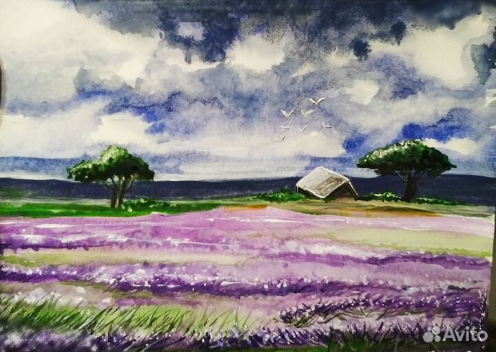Рисунок акварель пейзаж лавандовые поля
