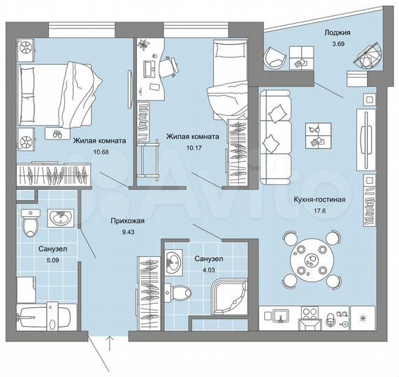 2-к. квартира, 59 м², 8/9 эт.