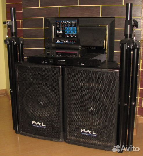 Колонки PAL 480Вт Усилитель Микшер Микрофон Стойки