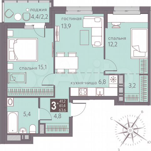 3-к. квартира, 63,6 м², 15/16 эт.