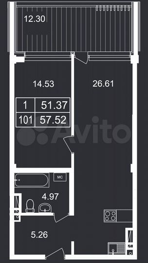 1-к. апартаменты, 57,5 м², 6/8 эт.