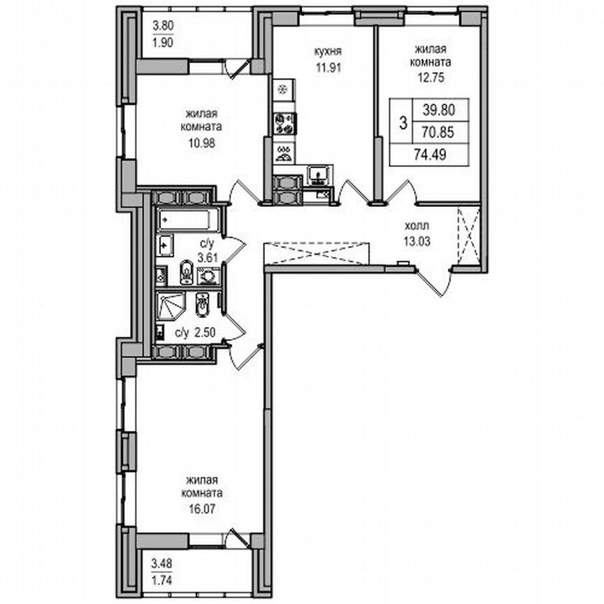 3-к. квартира, 73,6 м², 17/27 эт.