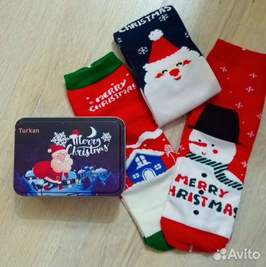 Новогодние носки, мужские,женские, в метал коробке