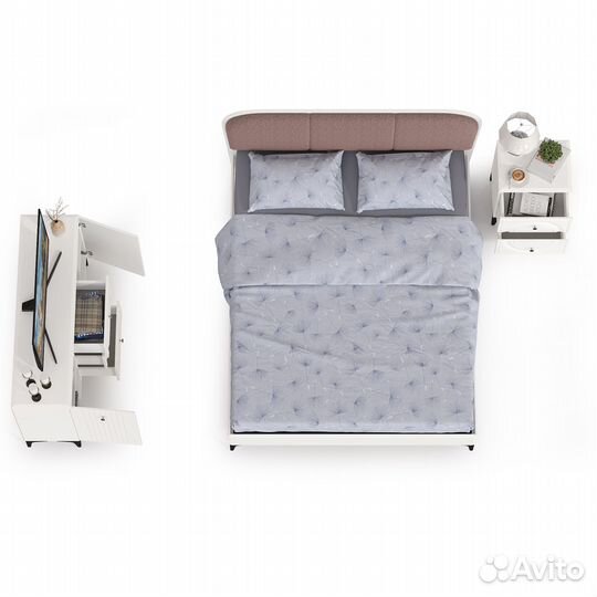 Валенсия кровать с мягкой спинкой и ортопедическим основанием 1600 с тумбочкой и тв тумбой-комодом