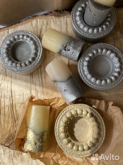 Набор свечей в бетоне и бетонных подсвечниках