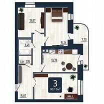 3-к. квартира, 91,1 м², 7/9 эт.