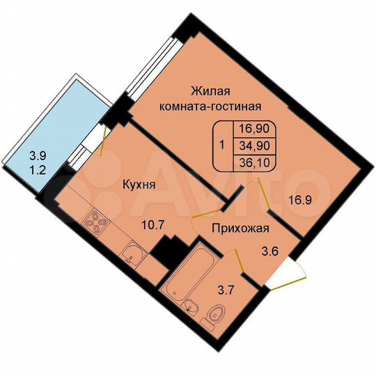 1-к. квартира, 36,1 м², 8/9 эт.