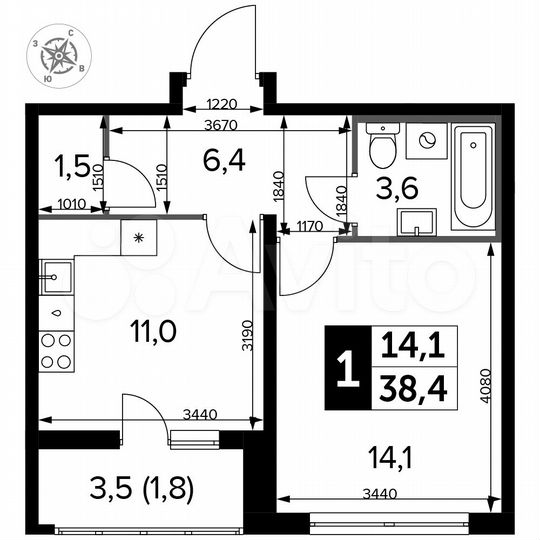 1-к. квартира, 38,4 м², 14/24 эт.