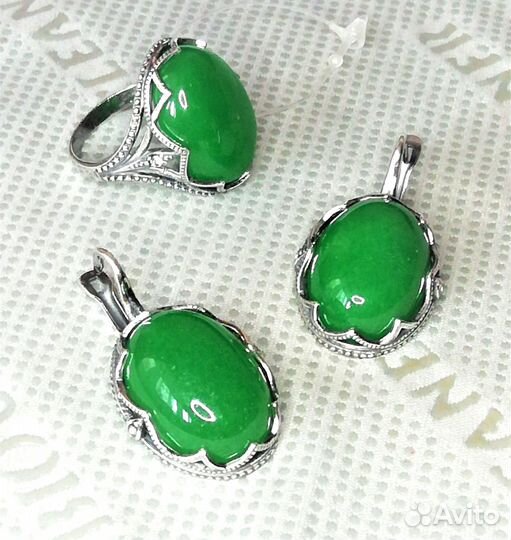 Серьги, кольцо серебрение хризопраз разм.18,0 С638
