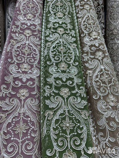 Ткань бархат для штор с вышивкой и жемчугом