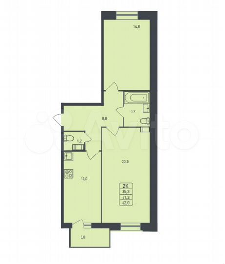 2-к. квартира, 62 м², 3/3 эт.