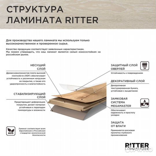 Ламинат 34 класс Ritter Organic 12 мм влагостойкий