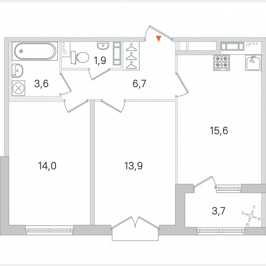 2-к. квартира, 57,6 м², 3/4 эт.