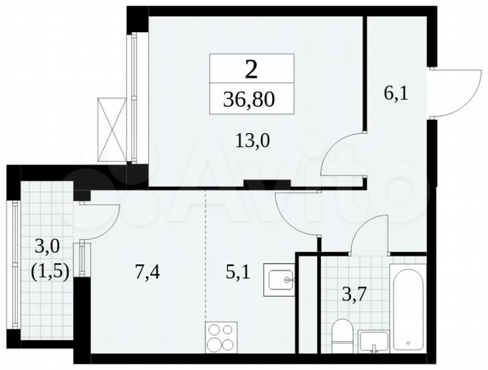 2-к. квартира, 36,8 м², 14/16 эт.