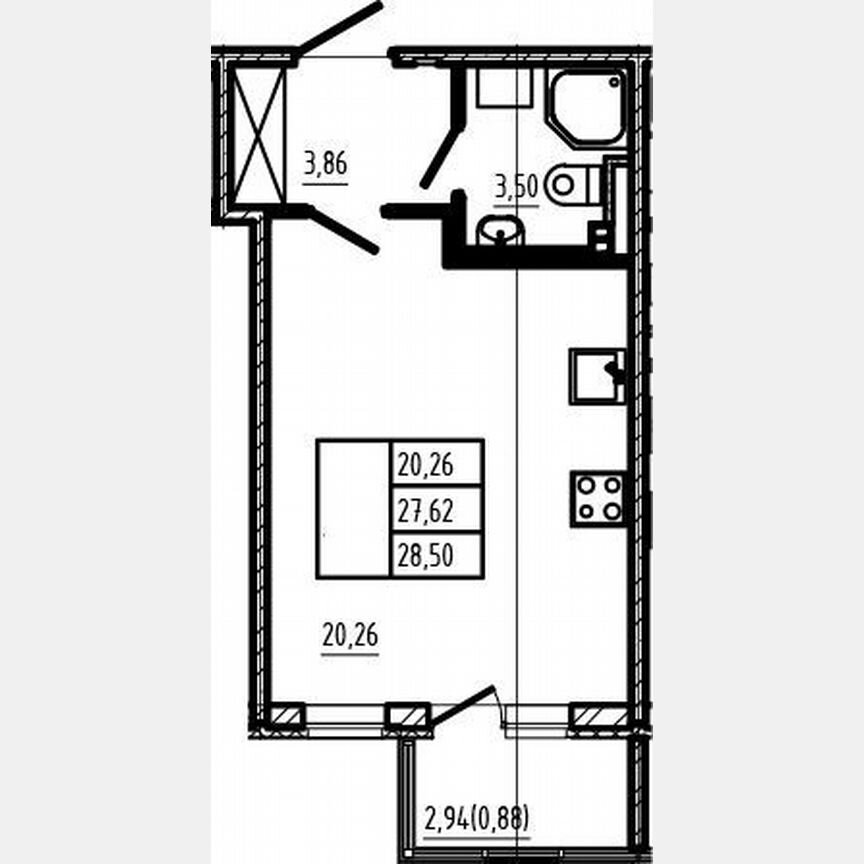 Квартира-студия, 27,6 м², 3/4 эт.