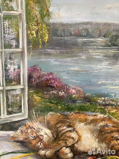 Кот, картина маслом на холсте, пейзаж 40х60см